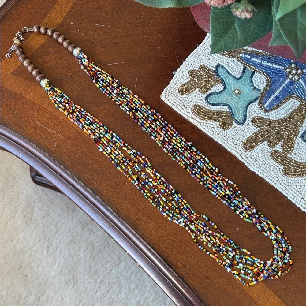 Vintage Seed Beaded Multi-Strand Long Wood Bead Colorful & Teardrop Earrings